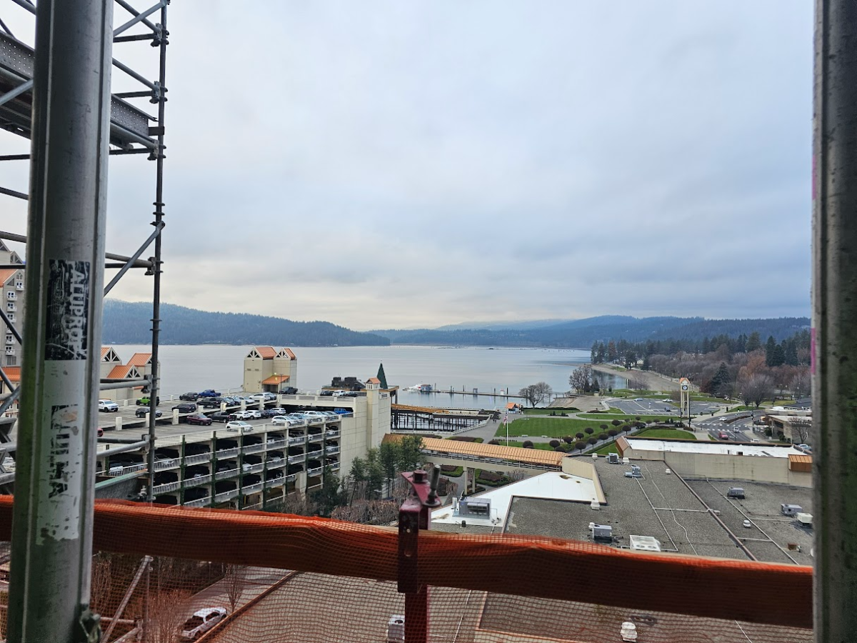 A view of the Coeur d'Alene Resort and Coeur d'Alene Lake from a terrace on the Thomas George Building